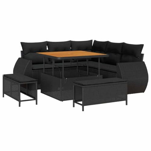 vidaXL 8-teiliges modulares Garten-Sofaset mit Kissen in Schwarz aus Poly-Rattan und Akazienholz. Perfekt für Balkon oder Terrasse, Moderne Sitzgruppe mit höhenverstellbaren Plätzen, handgefertigt.