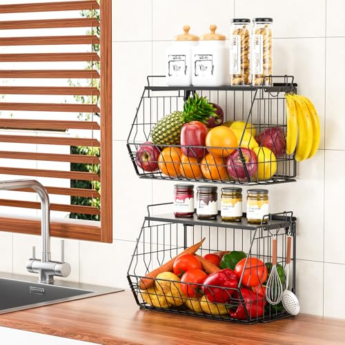 YSD Fruteros de Cocina Modernos - Organizador de Cocina 2 Niveles, Estante Pared Metálico Colgante para Frutas, Verduras, Baño y Lavadero - Plegable y Apilable