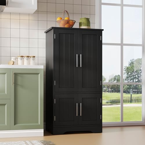 60X40X120cm Küchenschrank mit LED-Sensorlicht, großer 4-türiger Aufbewahrungsschrank mit verstellbaren Regalböden & Türablagen – geeignet für Küche, Esszimmer oder Wohnzimmer (4-türiger, schwarz)