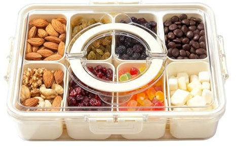 JF HOME BLISS Snackle Box with 8 Removable Compartments Divided Serving Tray with Airtight Lid & Handle Plastic Snack Container Organizer for Charcuterie Candy Fruits Nuts Travel Picnics (1Pc)