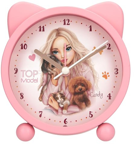 Depesche 13868 TOPModel Fur Ever Friends - Wecker in Rosa für Kinder, mit Model-Motiv, Hund und Katze, lautlose Uhr mit Licht-Funktion, inkl. Batterie