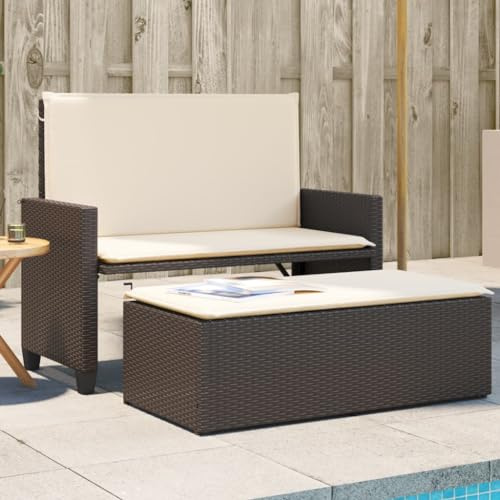 Frdhee Hockerbank Gartenbänke, Gartenbank mit Kissen und Hocker Braun Poly Rattan für Park, Garten und Terrasse