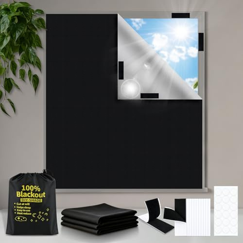 200 x 145cm Blackout Blinds Stick On, 100% Black Out Blinds for Window 420D Oxford Fabric, Portable No Drill Stick On Window Curtain with Hook & Loop Tabs for Travel, Bedroom, Car