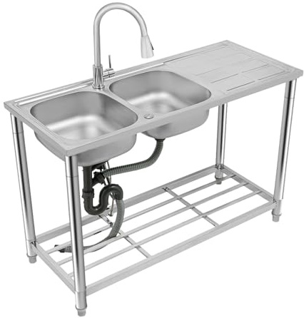 DAOHHFO Évier de cuisine à double bac en acier inoxydable - 120 x 50 x 80 cm - Lavabo avec robinet et meuble bas - Établi en acier inoxydable - Pour restaurants