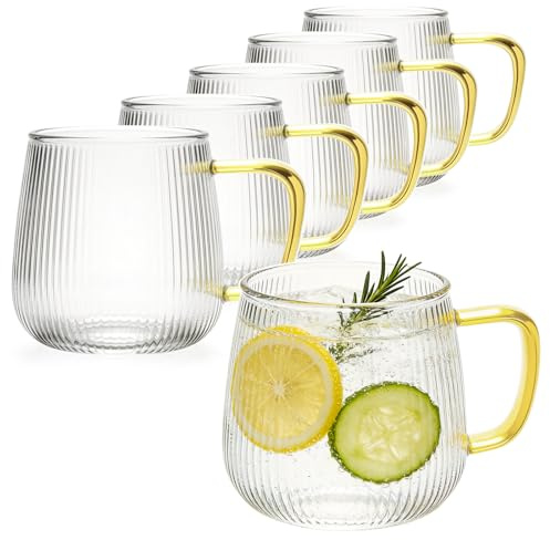 Greentainer Ribbed Glass Coffee Mugs with Handle,600ml Drinking Glasses Classic Tumblers, Transparent Tea Cup Set for Hot/Cold Beverages, Borosilicate Glassware for Coffee, Juice, Tea, 6 Pack