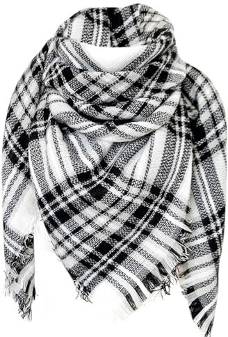 DELEY Retro Weiches Plaid Tartan Herbst Winter Schals Oversized Lange Stola Wrap Deckenschal Weiß Grau