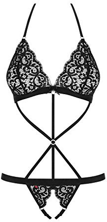 Obsessive Damen Halter-Neck Crotchless Lace Teddy Lingerie Set Dessous-Set, Black, S/M