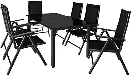 Casaria® Gartenmöbel Set 6 Stühle mit Tisch 150x90cm Aluminium Sicherheitsglas Wetterfest Klappbar Modern Terrasse Balkon Möbel Sitzgruppe Garnitur Bern