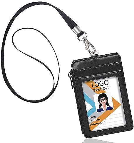 Porta badge, Arae cartellino porta badge con cordino staccabile in pelle PU/cinghia Zipper-Vertical Black.