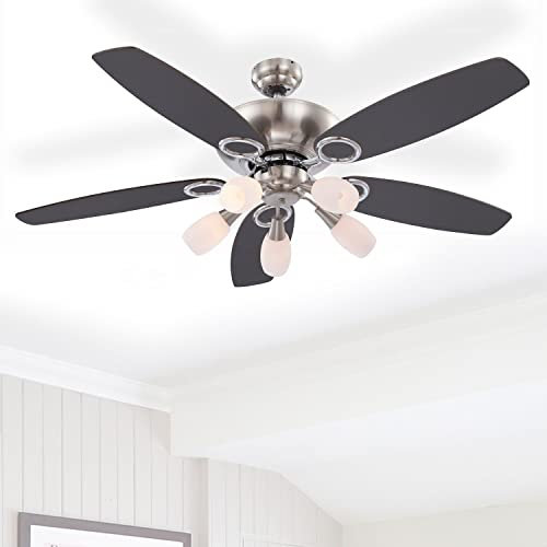 Deckenventilator mit Beleuchtung und Zugschalter Leise - Ventilator Decke mit Licht - 5 Flügel Beidseitig Montierbar - Deckenlampe mit Lüfter Schlafzimmer 3 Stufen - Durchmesser 130 cm