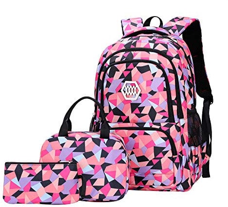 SellerFun Girl Geometric Printed Primary Junior High University School Bag Bookbag 3pcs Backpack Sets(2# Black-3pcs,35L)