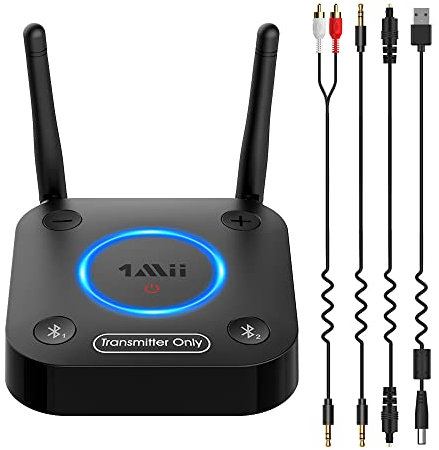 1Mii B06TX Émetteur Audio Bluetooth 5.2 pour TV, Transmetteur Adaptateur Bluetooth pour 2 Casques, aptX Faible Latence et HD, Longue Portée, Contrôle du Volume, AUX RCA Optique Coaxiale [Upgraded]