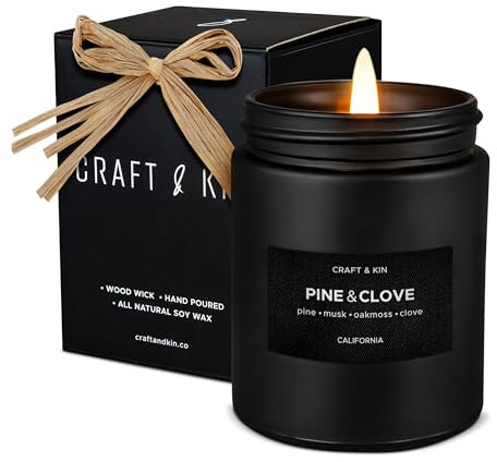 Bougie de qualité supérieure en pin et clou de girofle – Bougies d'automne pour la maison – Bougie d'aromathérapie – Parfum masculin – Longue durée de combustion de 45 heures – 215,5 g