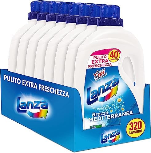 Sole Lanza Detersivo Lavatrice Liquido, Pulito Extra Freschezza, Brezza Mediterranea, 320 Lavaggi, 8 Confezioni da 40 Lavaggi