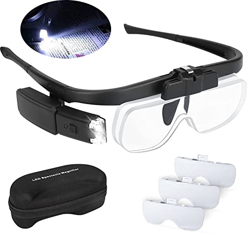 Lupenbrille, beleuchtet, LED, 2 Lichter, Lupe mit Kopfband, für präzises Lesen, Arbeit, Uhrmacher, Sehbehinderte, USB, wiederaufladbar, Vergrößerung, austauschbar, 1,5 x, 2 x, 2,5 x