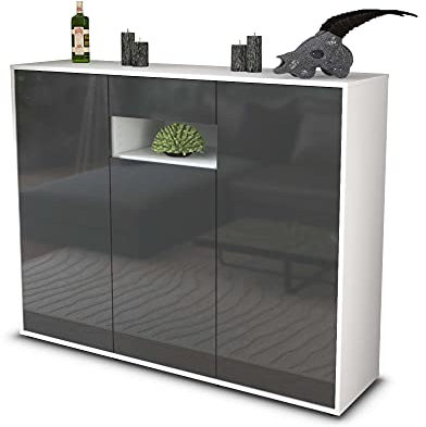 Stil.Zeit Highboard Kommode Madalena, Korpus Weiss matt, Front Hochglanz-Design Graphit (136x108x35cm), Push-to-Open Technik & Leichtlaufschienen