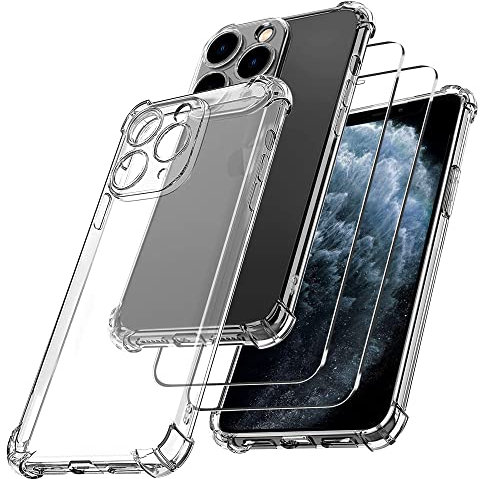 Funda para iPhone 11 Pro 5.8 Pulgadas, con 2 Piezas Cristal Templado Protector de Pantalla, Carcasa Protectora Antigolpes Transparente,Suave TPU Silicona Caso Delgada Case
