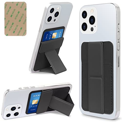 FYY Card Holder for Back of Phone,[Phone Stand] Stick on Wallet,PU Leather Credit Cards Holder for Cell Phone with 3M Adhesive Sticker for Smart Phones Black