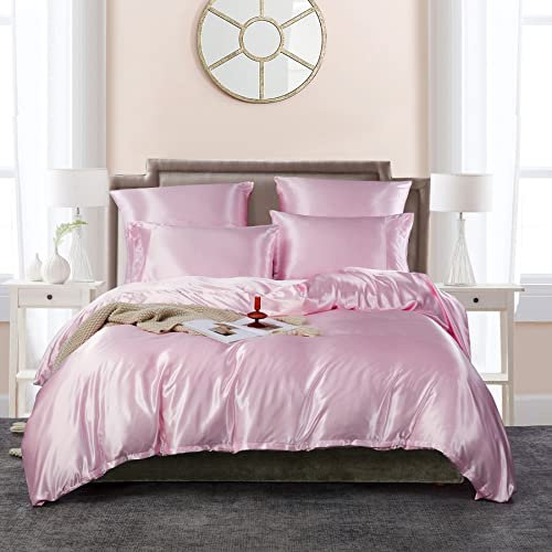 Luofanfei Bettwäsche 135x200 cm 4teilig Rosa Satin Glänzend Seiden Glatt Bettwäsche-Sets Pink Uni Hellrosa Luxus Glanzsatin Polyester Bettwäsche Bettbezug Paare Set und Kissenbezüge 80x80 cm