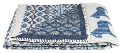 ÖJBRO VANTFABRIK Dalarna Blå gewebte Wolldecke 90x130 cm Natur/blau/schwarz 100% Schafwolle Strick-Plaid Tagesdecke Schossdecke Quilt warm weich - Hergestellt in Schweden