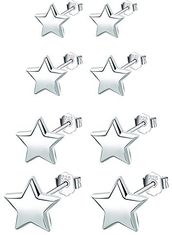 Bo Win 4 Paare 925 Sterling Silber Ohrringe Damen Ohstecker Stern in 3, 4, 5, 6mm - Stecker Set für Mädchen