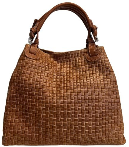 Modarno Geflochtene Handtasche für Damen mit Schultergurt aus echtem Leder - 33 x 17 x 29 cm, Leder, 33x17x29 Cm