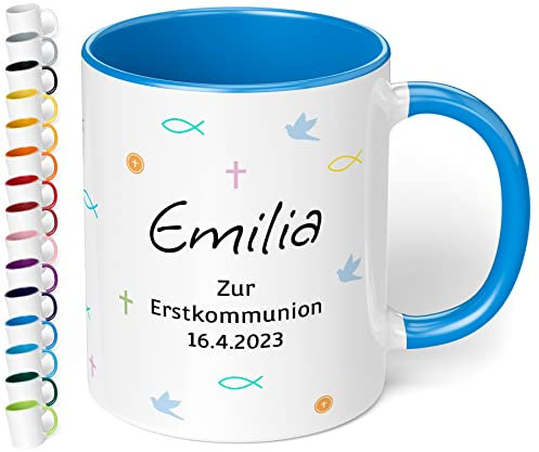 Tasse zur 1. heiligen Kommunion mit Namen & Datum personalisiert „Zur Erstkommunion“ – Mädchen & Jungen - Kommunions-Geschenke von Paten Eltern Oma 330ml Keramik (Cambridge Blau)