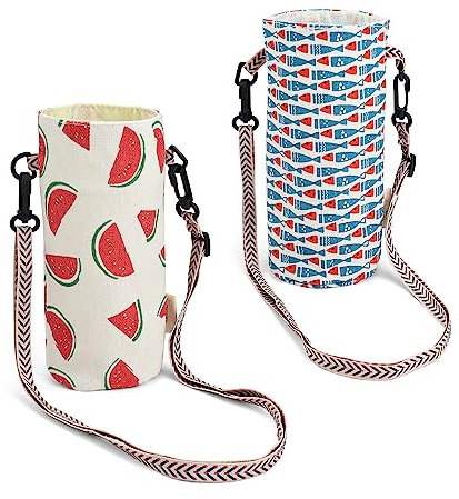 DIYCUT Sac Porte Bouteille, Porte Gourde Sac à Dos, 2 Pièces Diamètre 8cm Sac de Bouteille d'eau avec Bandoulière Réglable, Porte Gobelet Cou avec Impression Exquise, pour Camping Alpinisme