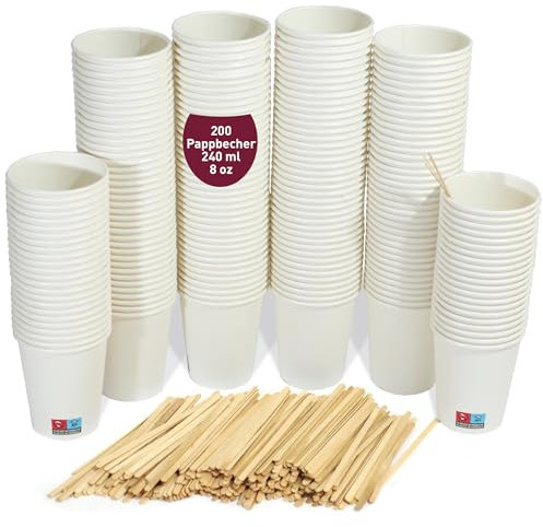 gobecups 200 Vasos desechables blancos de 240 ml / 8 oz para Café con Paletinas de Madera, Resistentes, a Prueba de Fugas y Sin Olores. Vasos cartón desechables