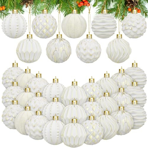 Liliful 36-teiliges Bauernhaus-Kugel-Ornament-Set im Used-Look, Weihnachtsbaumschmuck, Vintage-Stil, Weihnachtskugeln, Retro-Weihnachtsschmuck für Urlaub, Party-Dekoration (weiß und gold)