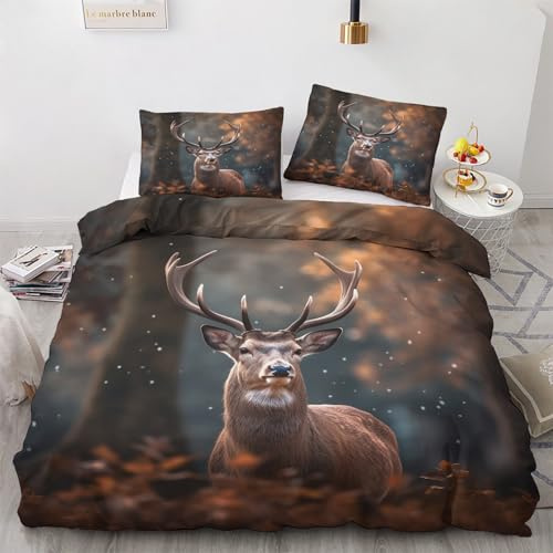 GEDAEUBA Bettwäsche 135x200 Hirsch - Waldtiere Bettbezug 135 x 200 2er Set, Wendebettwäsche und Kissenbezug 80x80, Weiche & Angenehme & Atmungsaktive Mikrofaser Bettwäsche-Sets mit Reißverschluss