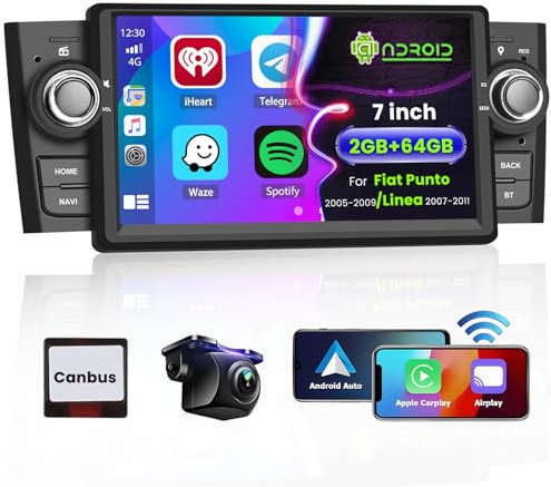 [2G+64G] Hikity Carplay Senza Fili Autoradio Android 13 per Fiat Punto 2005-2009 Linea 2007-2011 7'' Schermo Radio con GPS Bluetooth WIFI FM RDS Mirror Link Android Auto SWC MIC Telecamera Posteriore