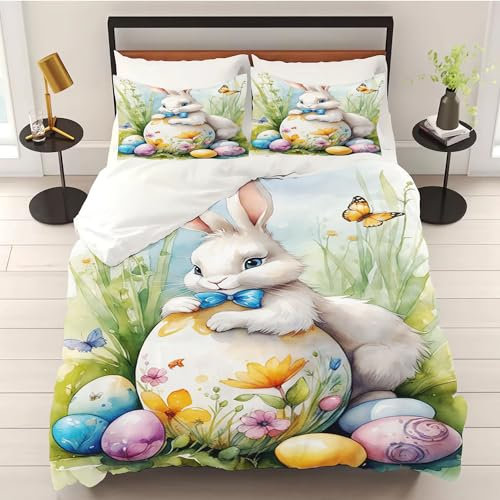 WEQEER Hasen Blumen bettwäsche 135x200 3D Ostereier Ostern Microfaser Bettbezug Frühling Saisonnal Kinderbettwäsche für Mädchen Und Jungen (7,Single 135x200CM)