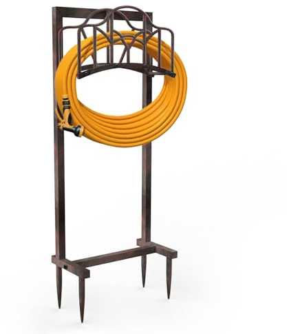Ouinis Garden Hose Holder Hanger Freestanding, Upgraded 4-Spike Heavy Duty Storage Reel Stand, Holds 150ft Hose for Outside Yard Lawn (Rustic Line, Metal)