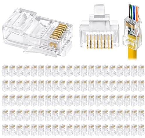 RJ45 Connectors Gold-plated Cat6 100 Pack RJ45 Pass Through Connectors Ethernet RJ45 Plug for Cat6 Cat5 Cat5e UTP Solid & Stranded Network Cable Wire Transparent End Plugs High Speed 1Gbps