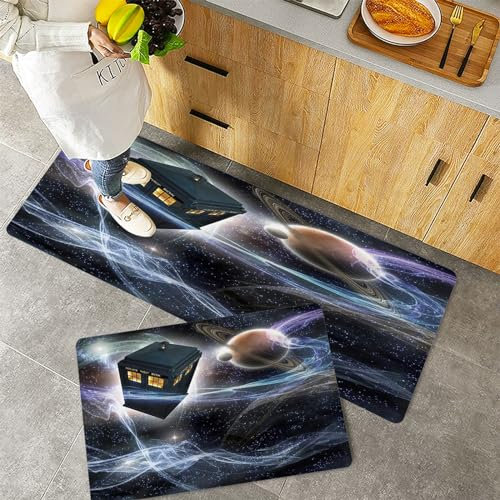 Küchenteppiche 2 Stück, Rutschfestes Küchenmatten,Doctor Who Tardis Dans Sternenhimmel-Fantasie-Hintergrund,Pflegeleicht, Anti-Müdigkeit Küchenteppich Teppich Läufer für Küche (45x70+45x120cm)