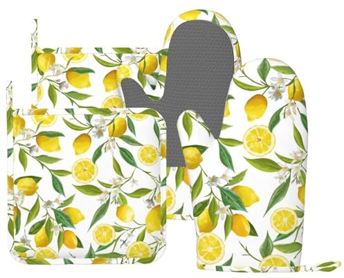DONMYER Ofenhandschuhe und Topflappen aus Silikon, Zitronenfrüchte, weiße Blume, Küchenhandschuh, Handschuhe, Zitronen, Topflappen, rutschfest, hitzebeständig, Kochhandschuh-Set für Küche, Backen,