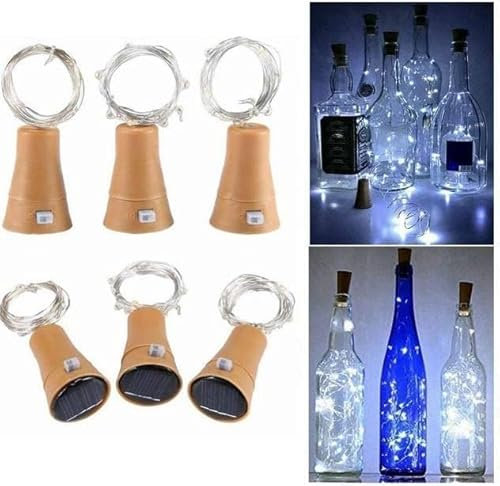 Bimhayuu Lot de 6 guirlandes lumineuses solaires pour bouteille de vin, 10 LED, étanches, en forme de liège, avec fil de cuivre de 1 m pour décoration d'intérieur, mariage et Halloween (blanc)