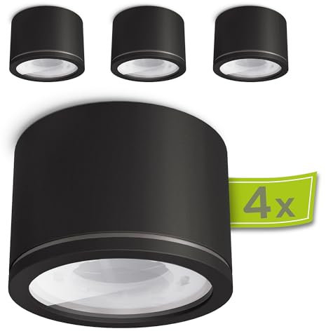 linovum 4x NUHA Aufbaustrahler schwarz IP44 für Bad & Outdoor mit Fassung für GX53 - Spot 230V Aufputz flach Ø90mm Deckenspot