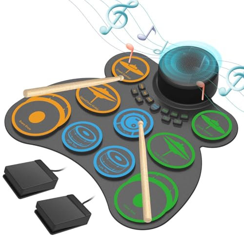 MARVTOWN Elektronisches Schlagzeug Set, 9+1 Drum Practice Pad mit Kopfhöreranschluss, Standpedalen und Drumsticks, Kinder Schlagzeugset kompatibel mit MIDI-Ausgang,