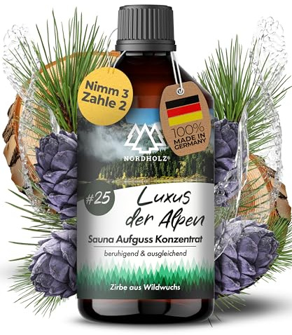 NORDHOLZ® Saunaaufguss 250ml [60 Sorten] Sauna Aufgussmittel Konzentrat | Sauna Duft · #25 Luxus der Alpen · Zir. · holzig & alpin · Mit naturreinen ätherischen Ölen · Made in Bayern