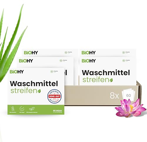 BiOHY Hojas de detergente (Juego de 8) | Detergente de viaje sostenible UNIVERSAL sin plástico | Papel de lavado 100% biodegradable | Tiras de detergente hidrosoluble para lavadora (Wasch Blätter)