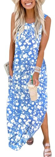 Cuptacc Maxikleid Damen Sommer Rundhals Ärmellos Cocktailkleid Gestreift Bedrucktes Kleid Blaue Blume,Groß L 42-44