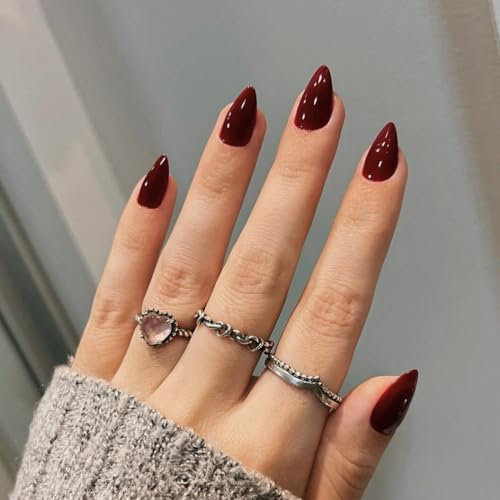 Dark Red Press on Nails Short Almond Shaped, SXVME 30 Pcs Burgundy Thick Short False Nails Natural Acrylic Fake Nails Solid Color Medium Natural Fit Glue on Nails For Women