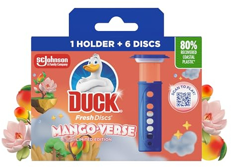 Duck Fresh Discs Toilet Cleaner Starter Kit, Fights Stains That Harbour Germs, Prevents Limescale Build Up, Mango Verse, Pack of 5 (Each Kit contains 1 Holder + 1 Refill Tube)