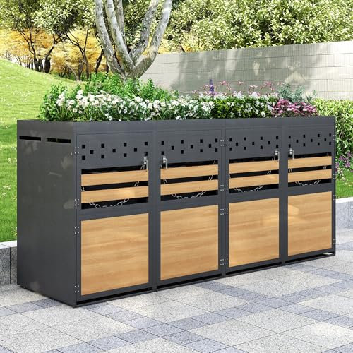 Mülltonnenbox mit Pflanzdach, 120-240 Liter, Anthrazit Tür in Holzoptik inkl. Erweiterungsmöglichkeit,Aufbewahrungsbox für Mülltonnen, Müllbox (4 er)