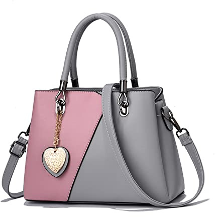 NICOLE & DORIS Sac a Main Femme Tendance Sacs Bandoulière Multipoches PU Cuir Sac D'épaule Multicolore Sac Fourre-Tout Impermeable Gris avec Rose
