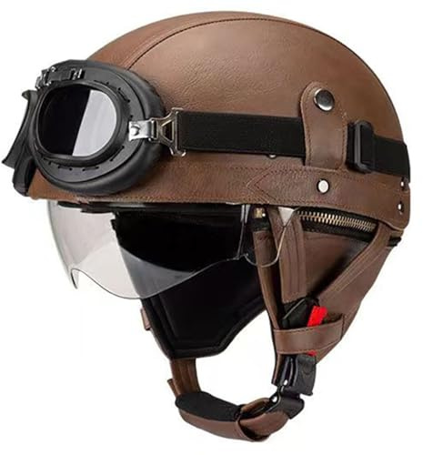 Vintage Deutsch Leder Motorrad Halbhelm, ECE-geprüft Männer Frauen Halbschalenhelme mit Schutzbrille und Visier, Retro Offener Schutzhelm für Fahrrad Cruiser Scooter Chopper