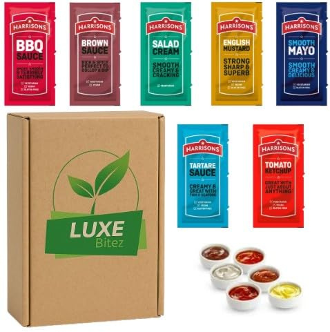 Custom Sauce Sachets Pack – Choose 5 Flavours – 100 Sachets (20 Each) – Compatible For Harrisons Sauces By Luxe Bitez