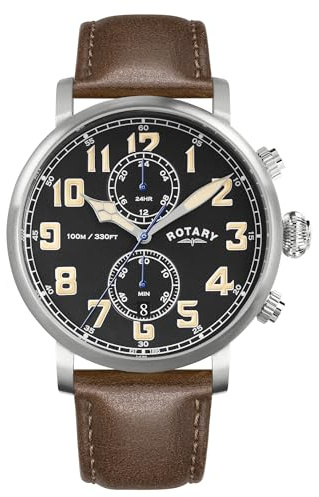 Rotary Men's Heritage Pilot 100M Water Resistance Stainless Steel Brown Leather Strap Watch